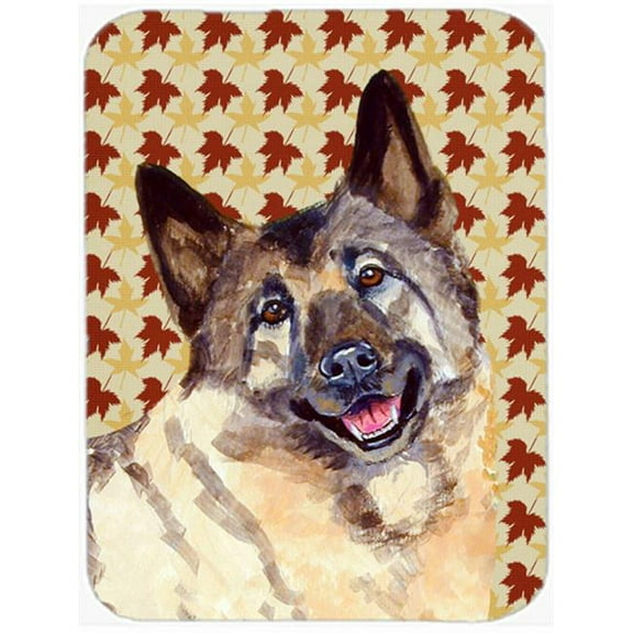 15 x 12 in. Norwegian Elkhound Fall Leaves Portrait Glass Cutting Board - Large