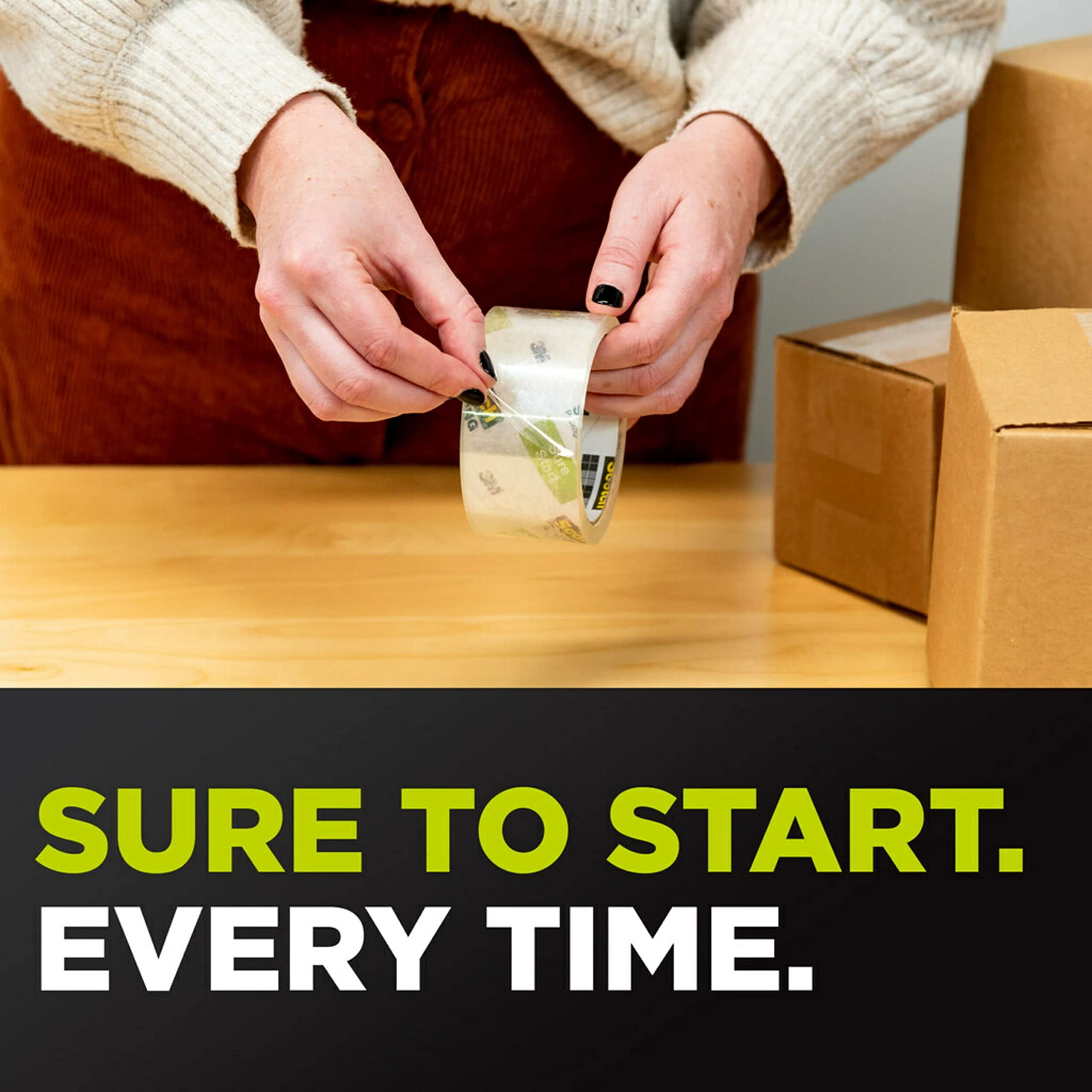Scotch Sure Start Shipping Packaging Tape, 1.88"x 22.2 yd, Designed for Packing, Shipping and Mailing, Quiet Unwind, No Splitting or Tearing, 1.5" Core, Clear, 6 Dispensered Rolls (145-6)