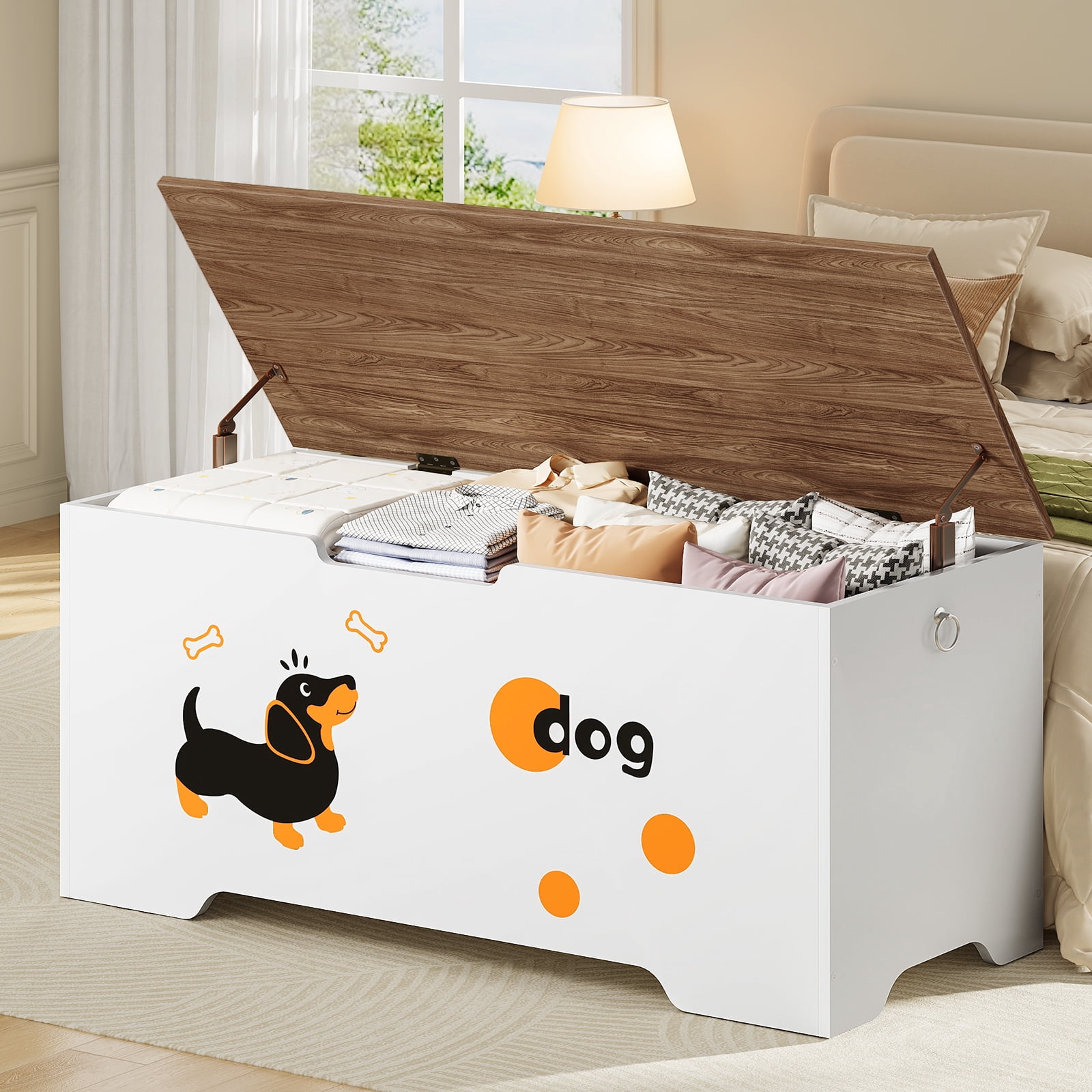 HOOBRO 47.2" Farmhouse Storage Bench with Puppy Pattern & Safety Hinges, White and Walnut