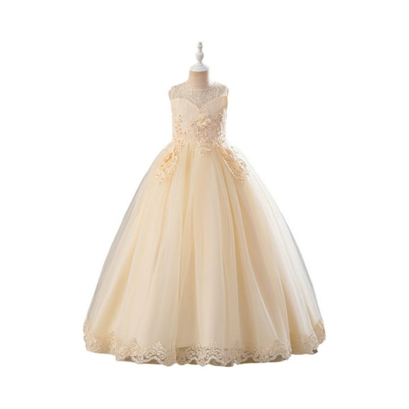 Elegant Lace Flower Princess Dress Girls Sleeveless Floor Length Formal Gown Weddings Party