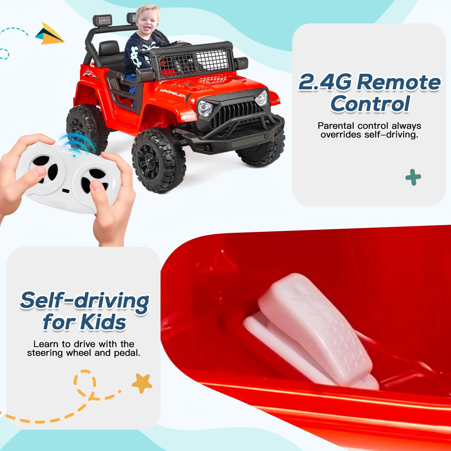 Erinnyees Ride on Jeep Car 12V Kids Electric Vehicles with Parent Remote Control, Safety Belt,Forward and Reverse Functions,Battery Powered,Spring Suspension,Music and Lights-Red