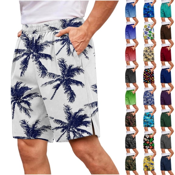 Yertdoel Beach Shorts for Men Fashion Hawaiian Print Swim Trunks Drawstring Slits with Pockets Outdoor UV Protective Summer Lightweight Casual Comfy Shorts