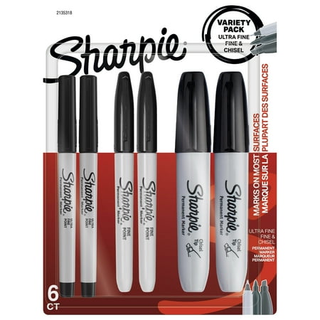 Sharpie Permanent Marker Set with Fine, Ultra-Fine, and Chisel-Point Tips, Black, 6 Count