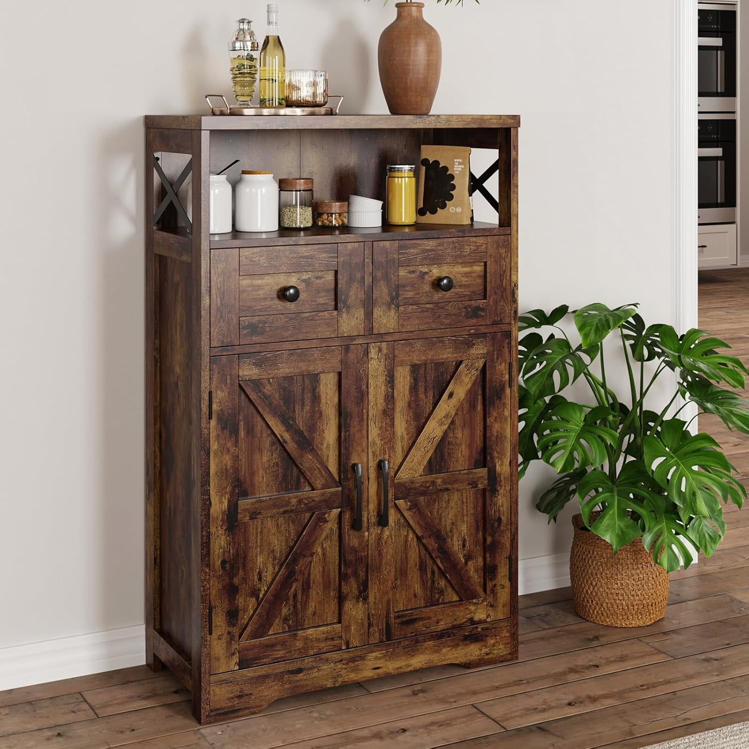Rustic Brown Farmhouse Storage Cabinet with Barn Doors and Shelves, Freestanding Kitchen Pantry Storage Cabinet, Coffee Bar Station, Hutch Cupboard for Kitchen, Dining Room, Livingroom