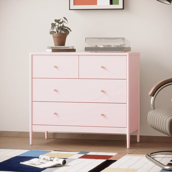 4-Drawer Kids Dresser with Wooden Storage, Pink Nightstand Organizer for Nursery, Bedroom & Living Room, 35.4" Wide