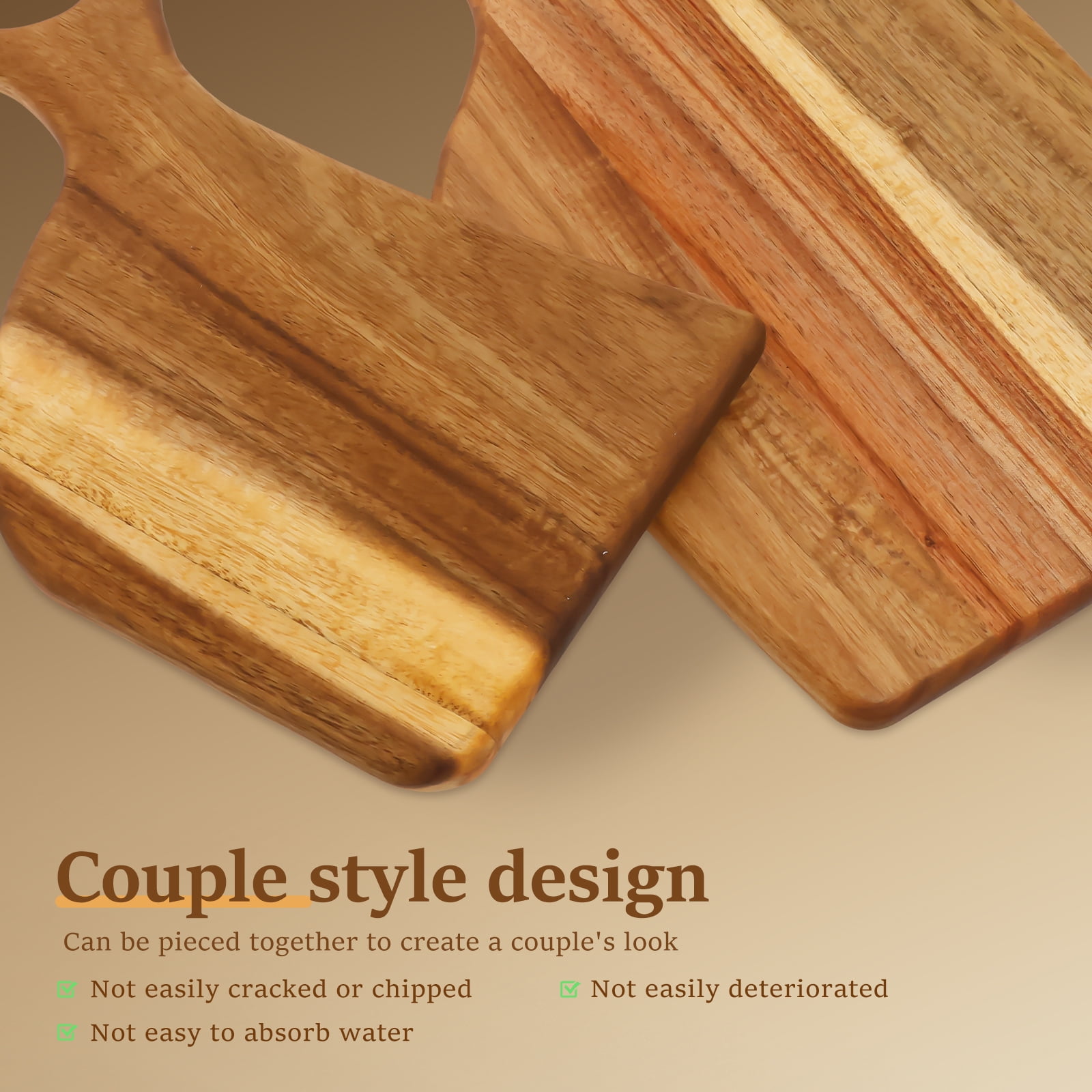 Grusce 2PCS Acacia Wood Couple Cutting Board, Smooth Edge Couple Charcuterie Board with Handle, Large Thick Wooden Cutting Boards, Kitchen Cutting Boards for Meat, Bread, Fruits Serving Board