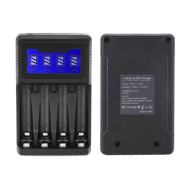 Cargador de Batería de Pantalla LCD, Cargador de Batería USB 4 Ranura Múltiple Estable Negro para Celda aaa Ni-MH