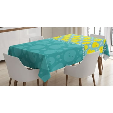 Ambesonne Rubber Duck Tablecloth Rectangular Table Cover, Fun Aqua Bubbles, 60"x90", Teal Blue