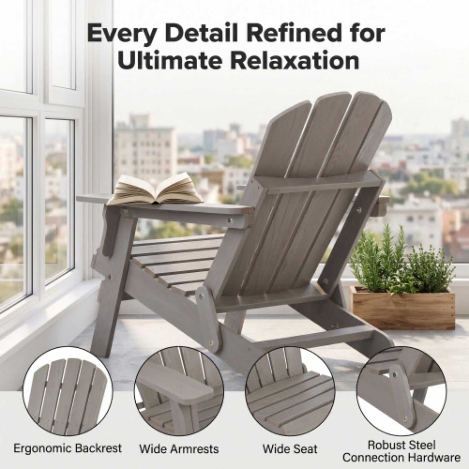 Oversized Adirondack Chair, Wooden Outdoor Folding Patio Chair with Pre-Assembled Backrest & Seat, 330 lb Capacity for Garden, Porch, Pool, Grey