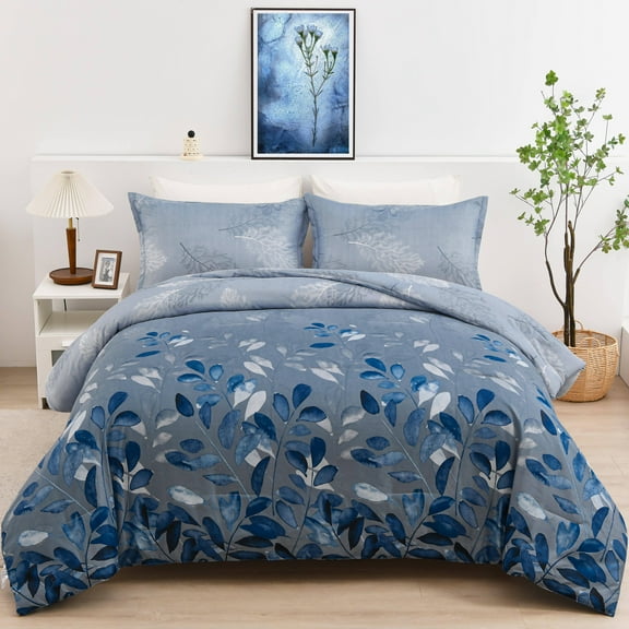 Blue Comforter Set Queen, Navy Botanical Leaves Comforter for Queen Bed 3 Pieces Reversible Floral Bed Comforter Sets Soft Microfiber Bedding Set for All Season (90"x90")