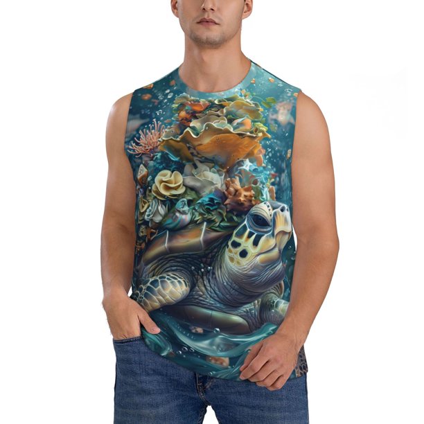 Fotbe Colorful Plant Turtle Men's Camiseta sin Mangas Estampada para Hombres, Playera Casual para Gimnasio, Entrenamiento, Playa-Medium