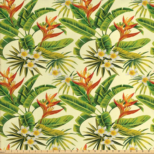 Tropical Fabric by The Yard, Exotic Plumeria Flowers and Palm Tree
