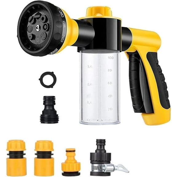 Ikerall 8-in-1 Water Spray Gun with Foam Dispenser for Car Wash, Garden, Dog Washing, House Cleaning (Yellow)