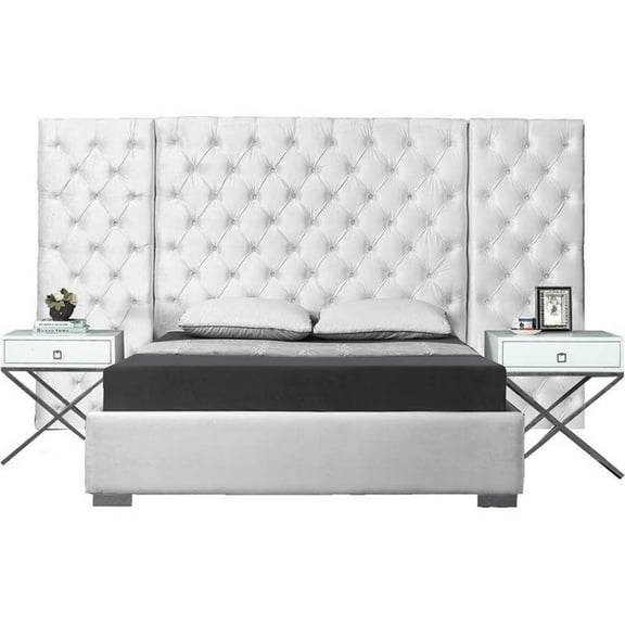 Pemberly Row Contemporary Solid Wood and Velvet King Bed in White