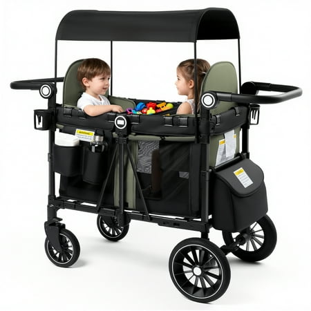 LINLUX 2 Kids Wagon Stroller, Foldable Outdoor 2-Seat Stroller Wagon, Removable Canopy, 55 Pound, Green