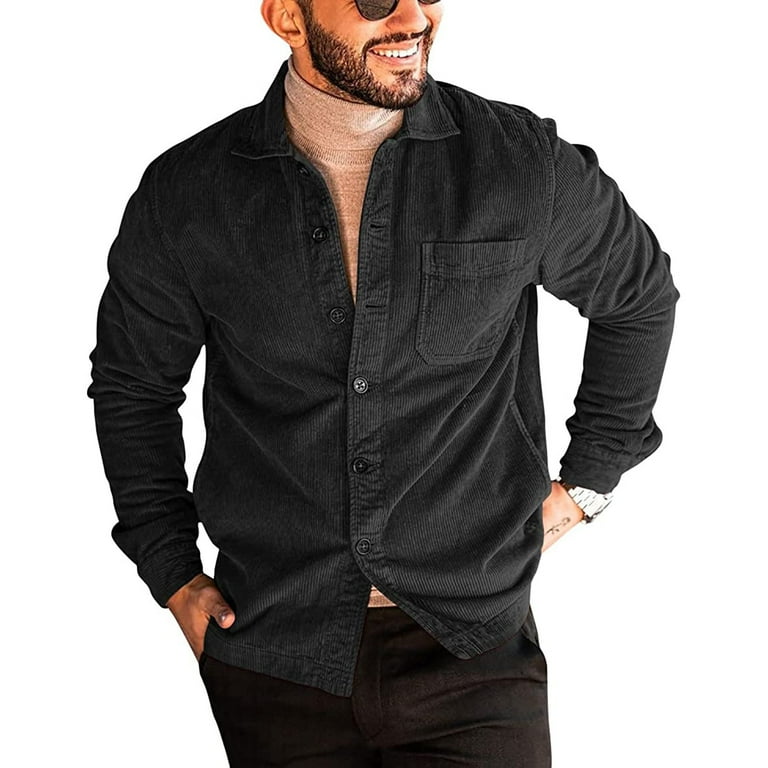 Herrnalise Jackets for Men Corduroy Button Down Shirts Casual Long Sleeve Jacket Short Bomber Turn Down Collar Solid Coat with Pocket Black
