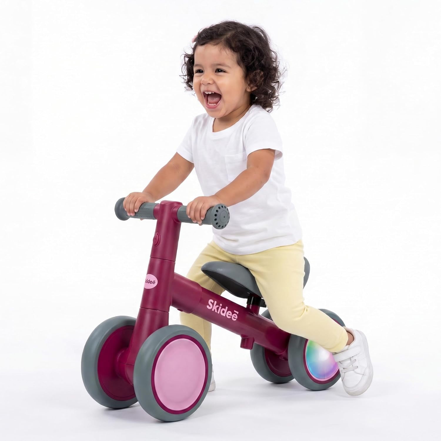 Skidee Toddler Balance Bike 1-3, 4-Wheel Balance Bike with Rare Light-Motion-Activated LED Wheels, Adjustable Height & Child Safe Steering, Lightweight Ride-On Toy Training Bike for Boys & Girls