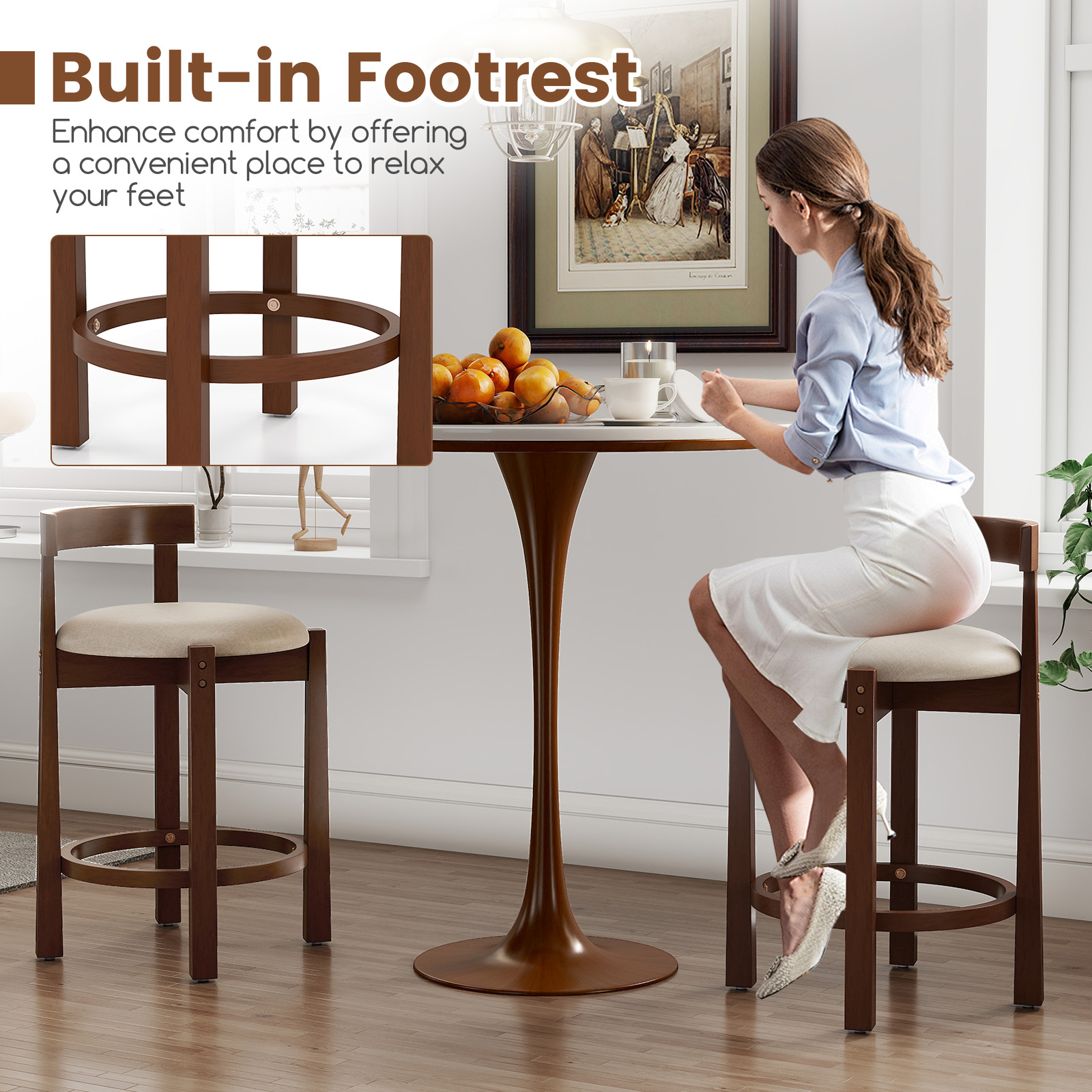 Gymax 24'' Counter Height Bar Stools Set of 2 w/Backrests & Footrests for Kitchen