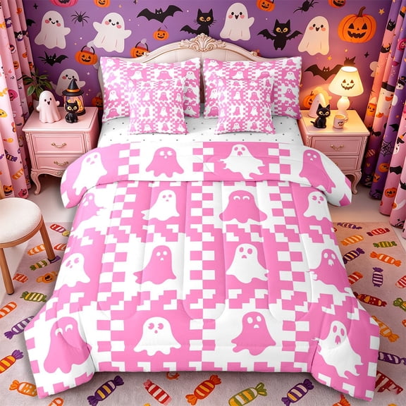Manfei Halloween Ghost 7-Piece Twin Bedding, Vintage Geometric Checkered Bedding Comforter Set, Hot Pink White,Reversible
