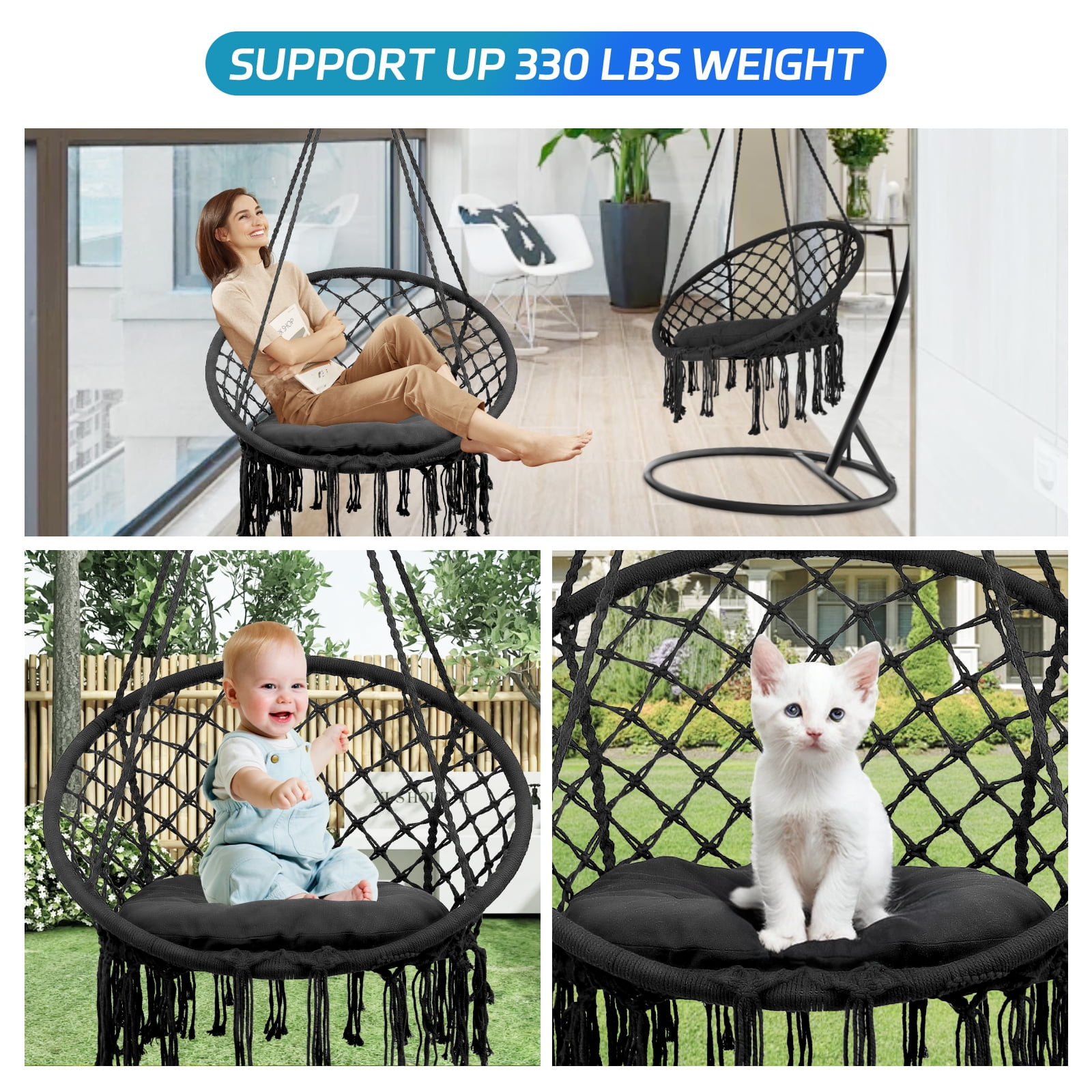 Chair Rope Swing Macrame Hammock, Hanging Cotton Kits - Hand-Woven Rope, Steel Spreader Bar Anti-Slip Rings, Black, Safe, Soft, Durable, for Porch Bedroom