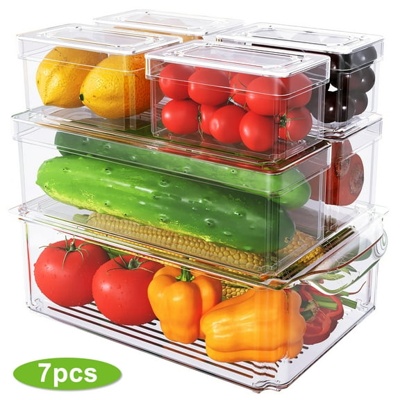 LeaderPro 7 Pcs Refrigerator Organizer Bins with Lids Stackable Fridge Storage Set