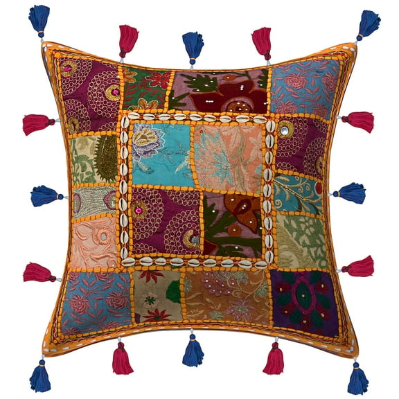 Stylo Culture Embroidered Patchwork Cowrie Tassels Decorative Throw Pillow Cover 16x16 Indian Mango Yellow Hippie 40cm x 40cm Bedroom Cotton Floral Square Cushion Cover | 1 Pc