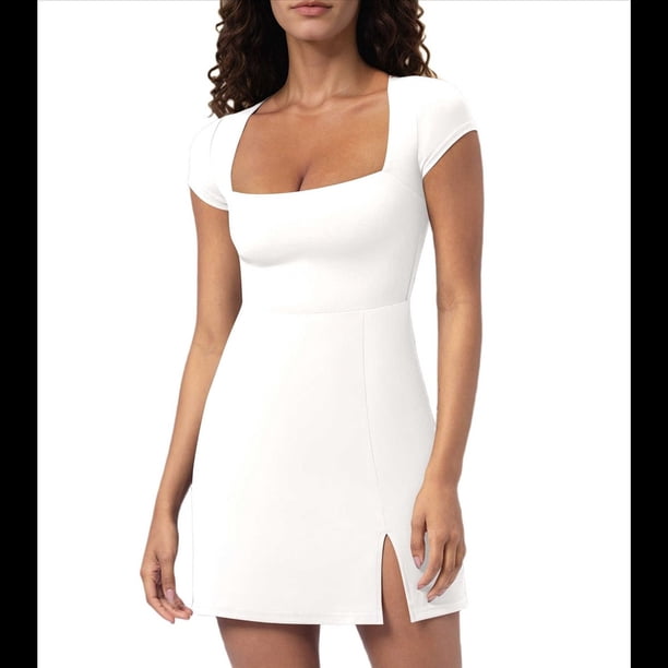 Vestido Deportivo de Golf para Mujer, Corta, Cuello Cuadrado, Abertura Lateral, Doble Forro, , Talla S