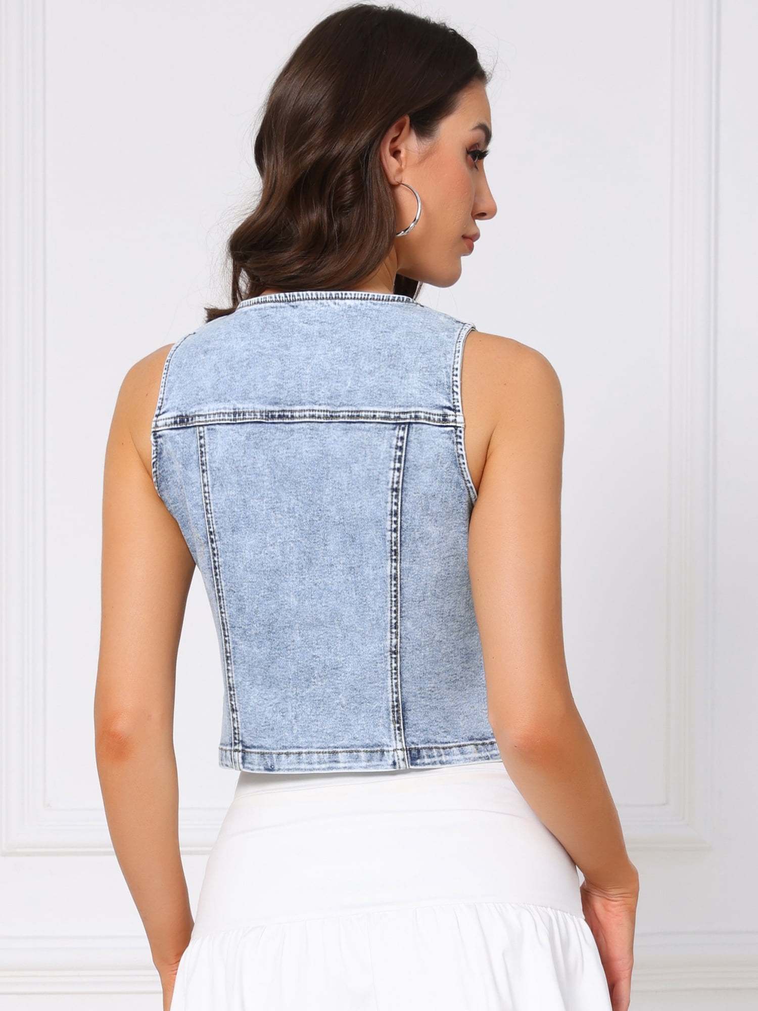 DARING DIVA Women's Sleeveless V Neck Button Down Cropped Denim Vest XS Light Blue
