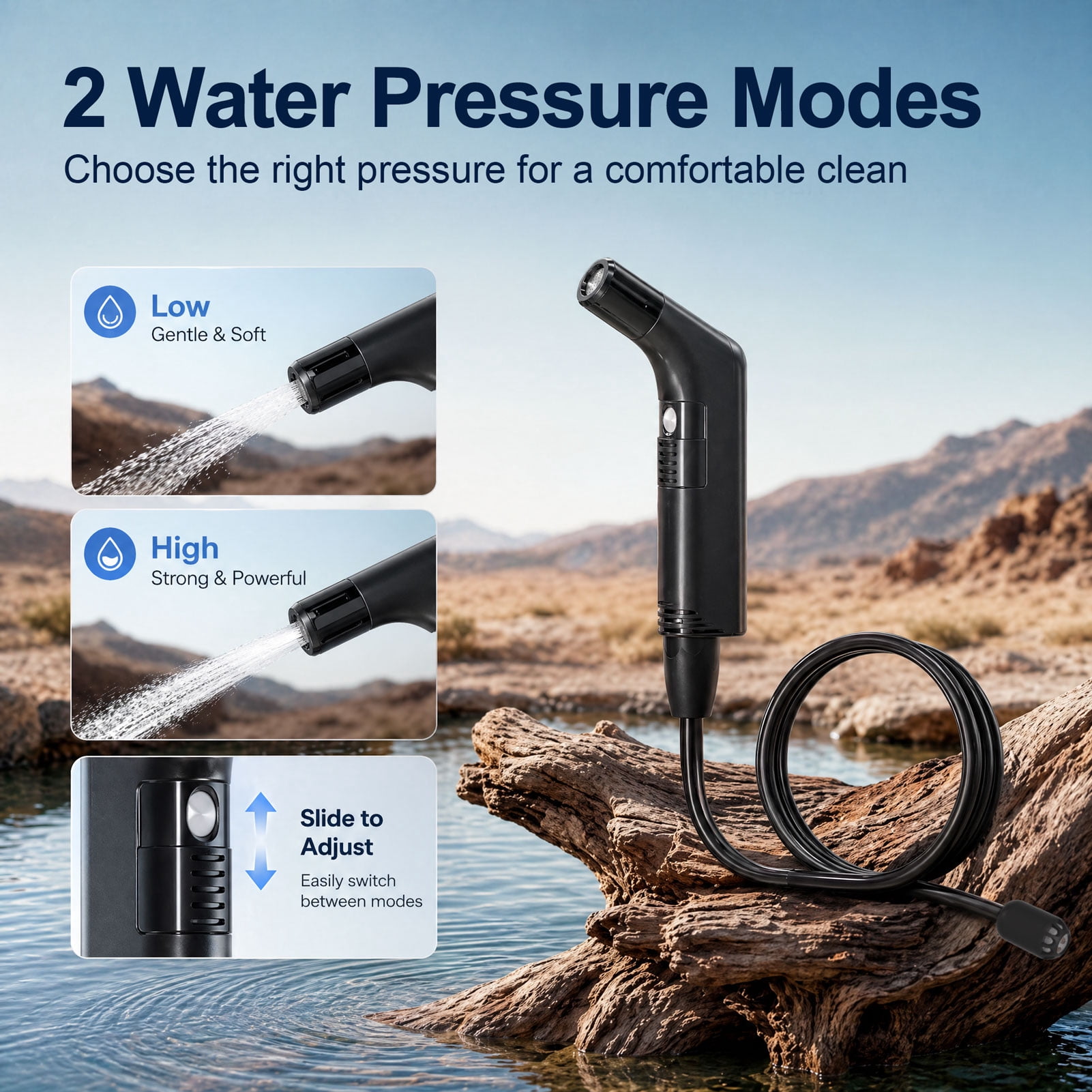 WOWER Rechargeable Portable Bidet with 2 Spray Modes, 800mAh Battery and 2M Hose for Travel, Camping and Postpartum Care