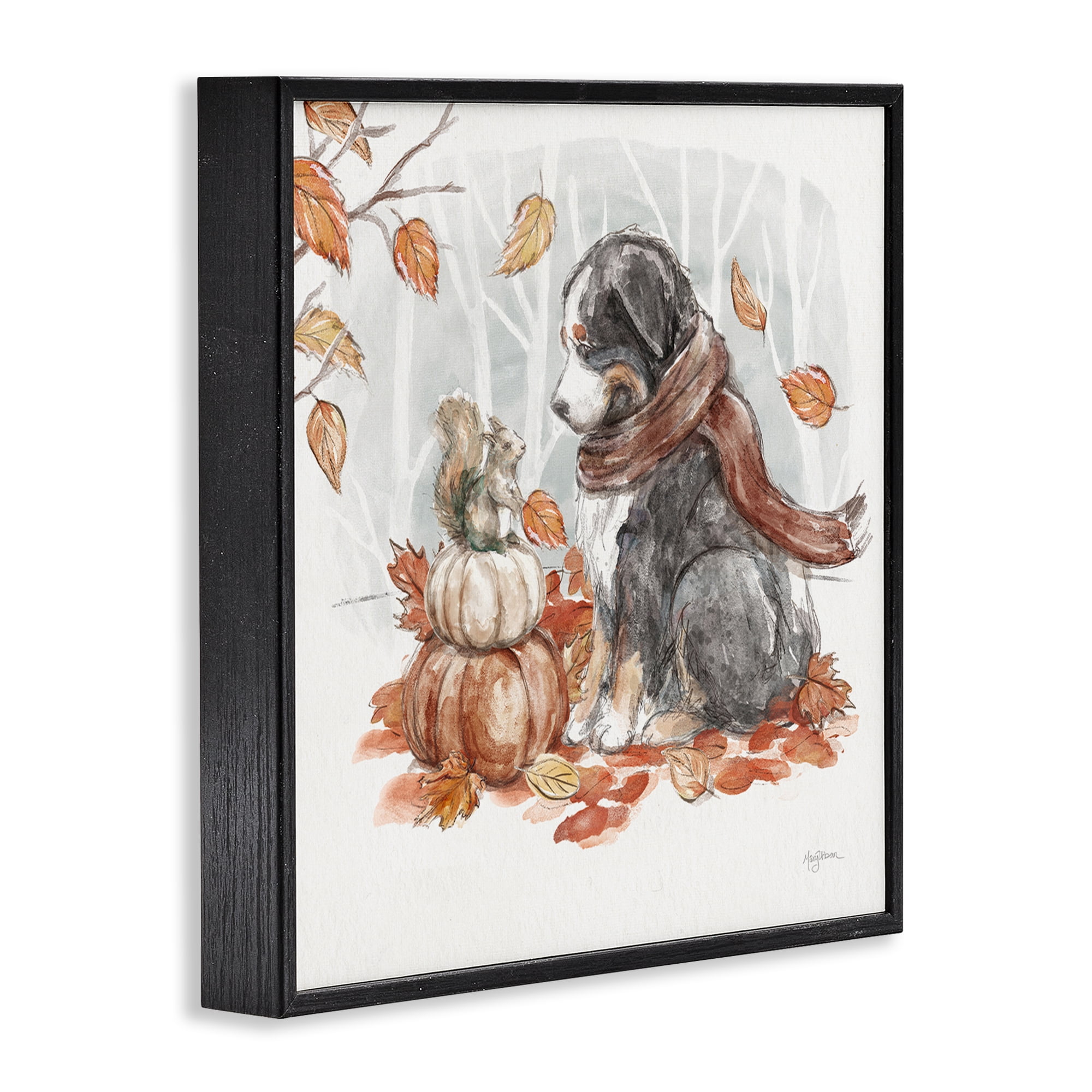 Stupell Industries Dog & Fall Pumpkins Holiday Painting Black Framed Art Prints Wall Art, 17 x 17