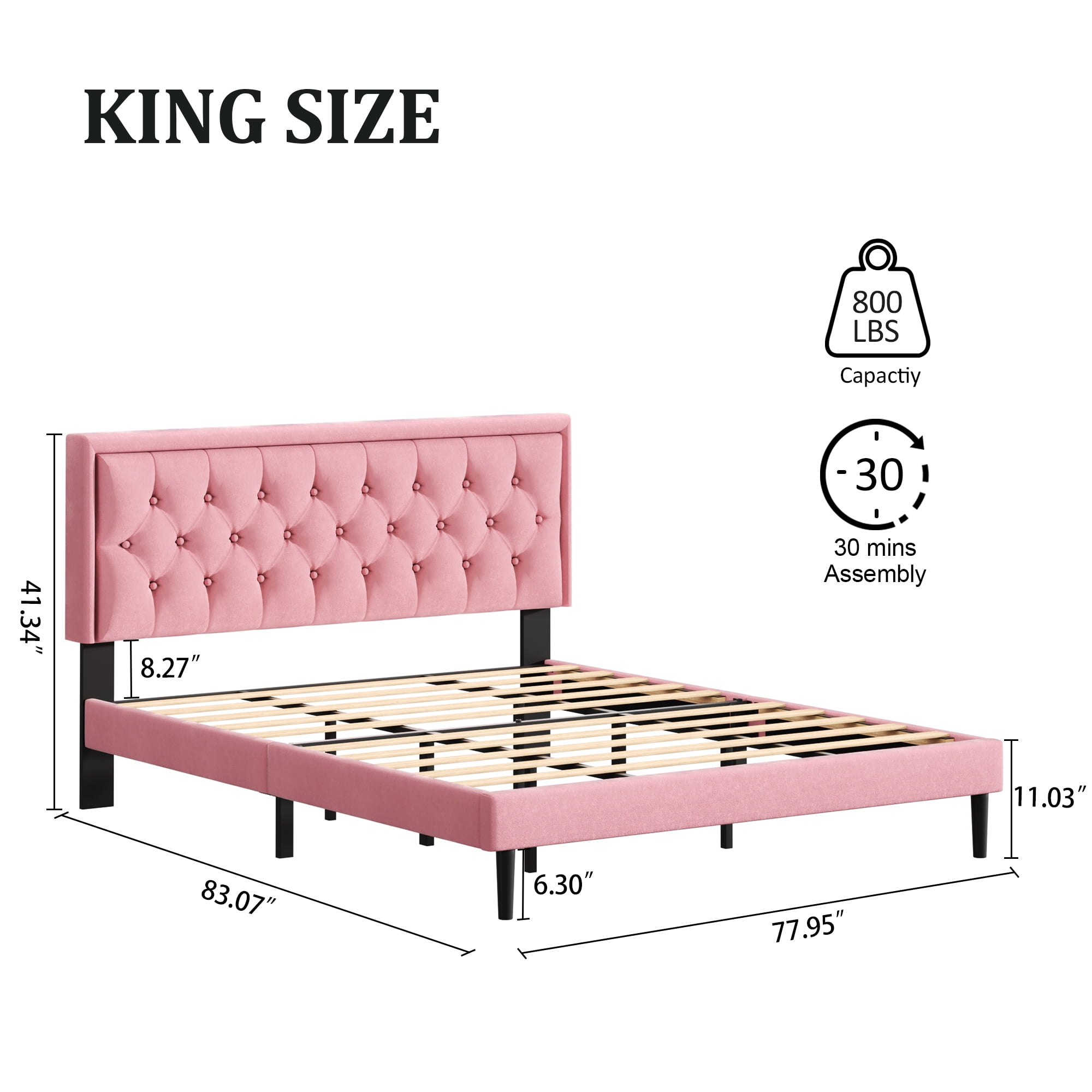 King Size Platform Bed Frame with Upholstered Velvet Button Tufted Headboard, Mattress Foundation with Wooden Slat Support, No Box Spring Needed, Easy Assembly, Noise Free,Pink