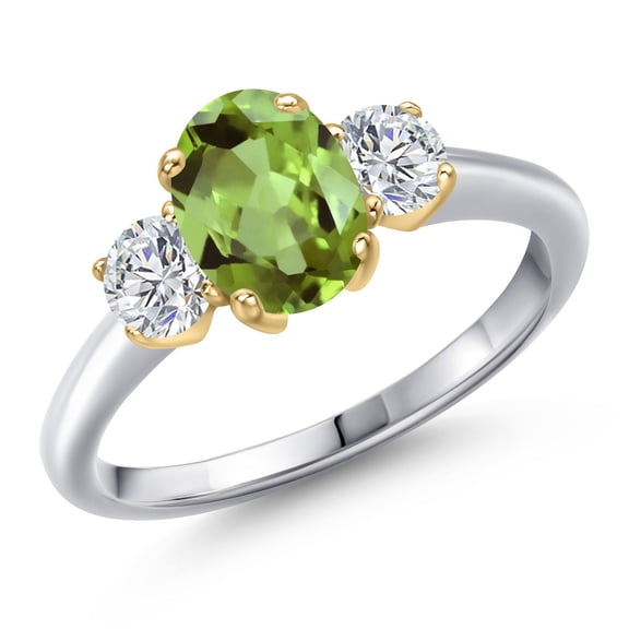 Gem Stone King 10K Two Tone Gold Green Peridot and Lab Grown Diamond Engagement Ring for Women | 1.96 Cttw | Oval 8X6MM | Gemstone August Birthstone | Size 8