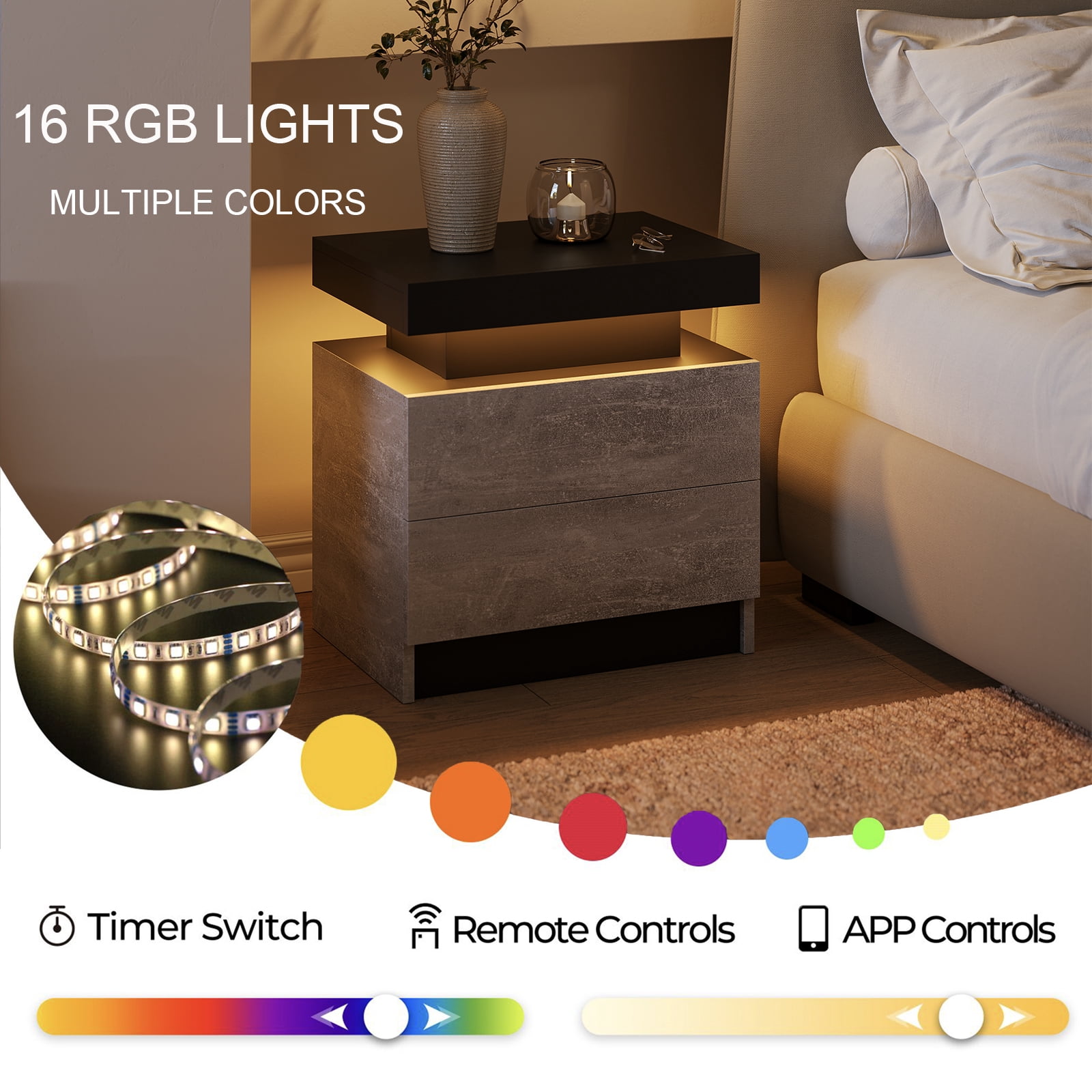 Cubehom Nightstand LED Bedside Table with 2 Drawers Modern Wood for Adults Bedroom Room Grey