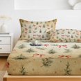 thumbnail image 6 of Cal.King Size Fitted Sheet Set - Christmas 3 Piece Bedding Sets 16" Deep Pocket Fitted Sheet with 2 Pillowcases, Winter Vintage Xmas Trees Bow Holly Leaf Beige Brushed Microfiber Hotel Bed Sheets, 6 of 9