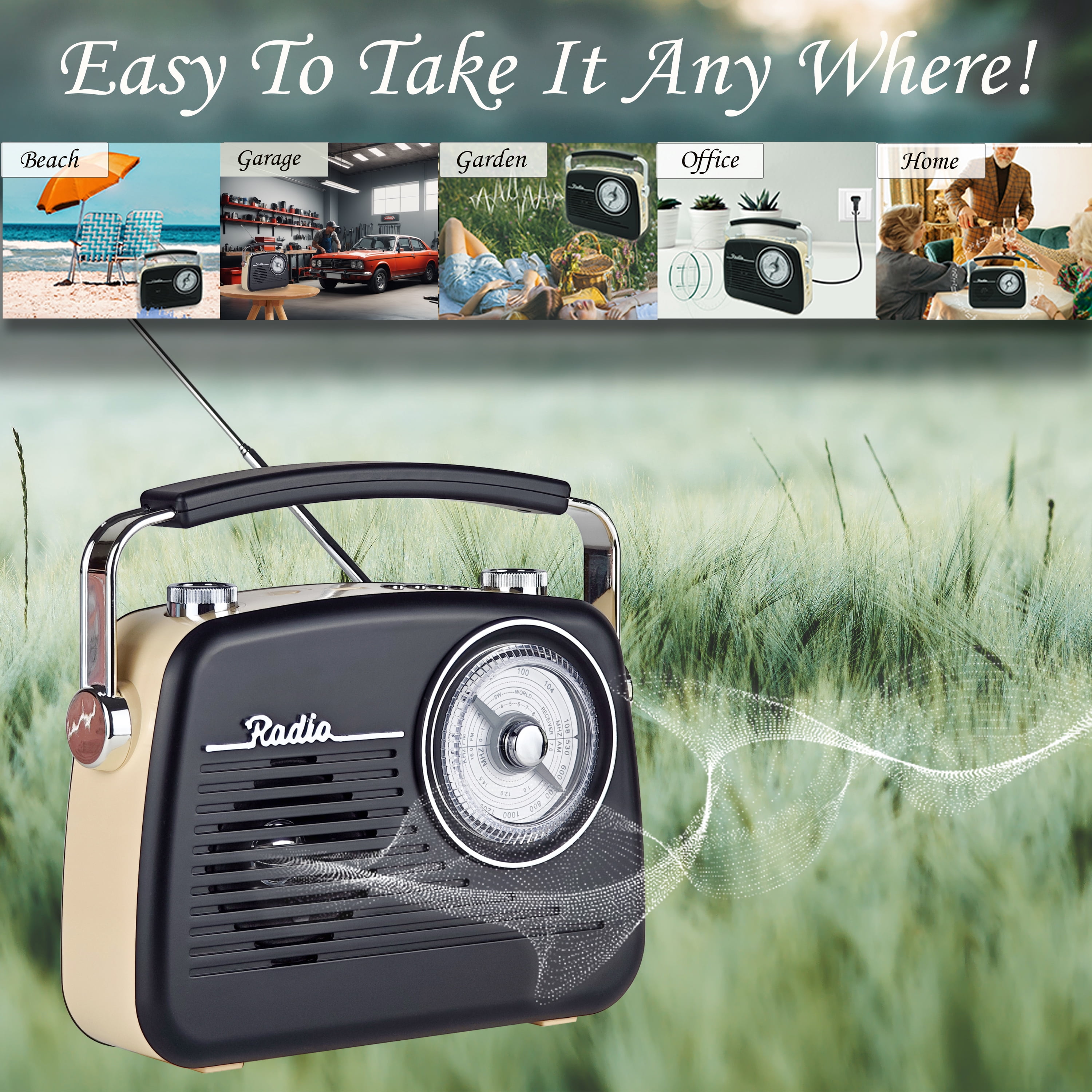 Portable AM FM Shortwave Vintage Radio Multifunctional Bluetooth Speaker 4 Power Options 5W Speaker TWS Stereo Plug-in Wall/Type-C Charging Emergency Radio for Home Outdoor Camping(Black)