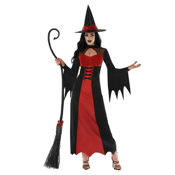Morph Womens Long Red Witch Costume & Hat Ladies Wicked Halloween Fancy Dress Halloween Red M