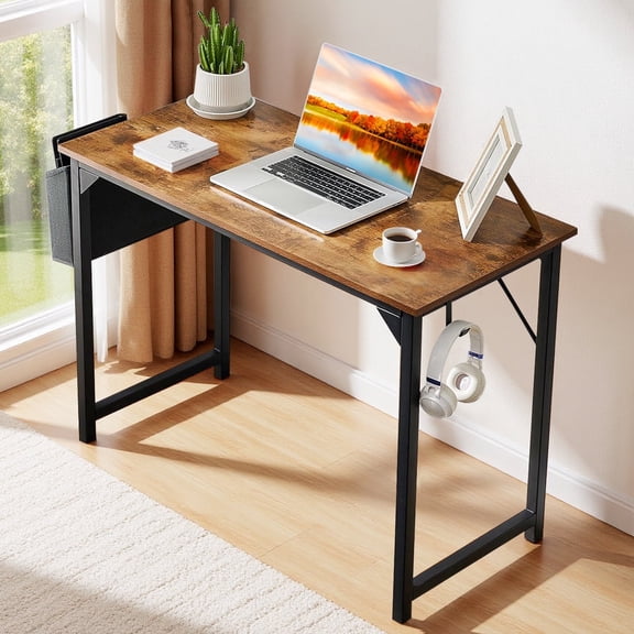 Atilioo Computer Small Desk, 40" Office Study Writing Table with Storage Bag & Iron Hook for Home Bedroom, Kids Desk, Rustic Brown