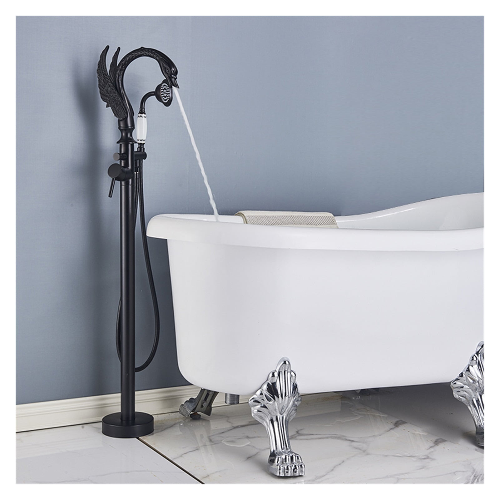 Black Bathroom Bathtub Faucet Floor-standing Hot and Cold Mixer Taps Special Swan-shaped Water Outlet Bathtub Floor Faucet ,360° Swivel Spout