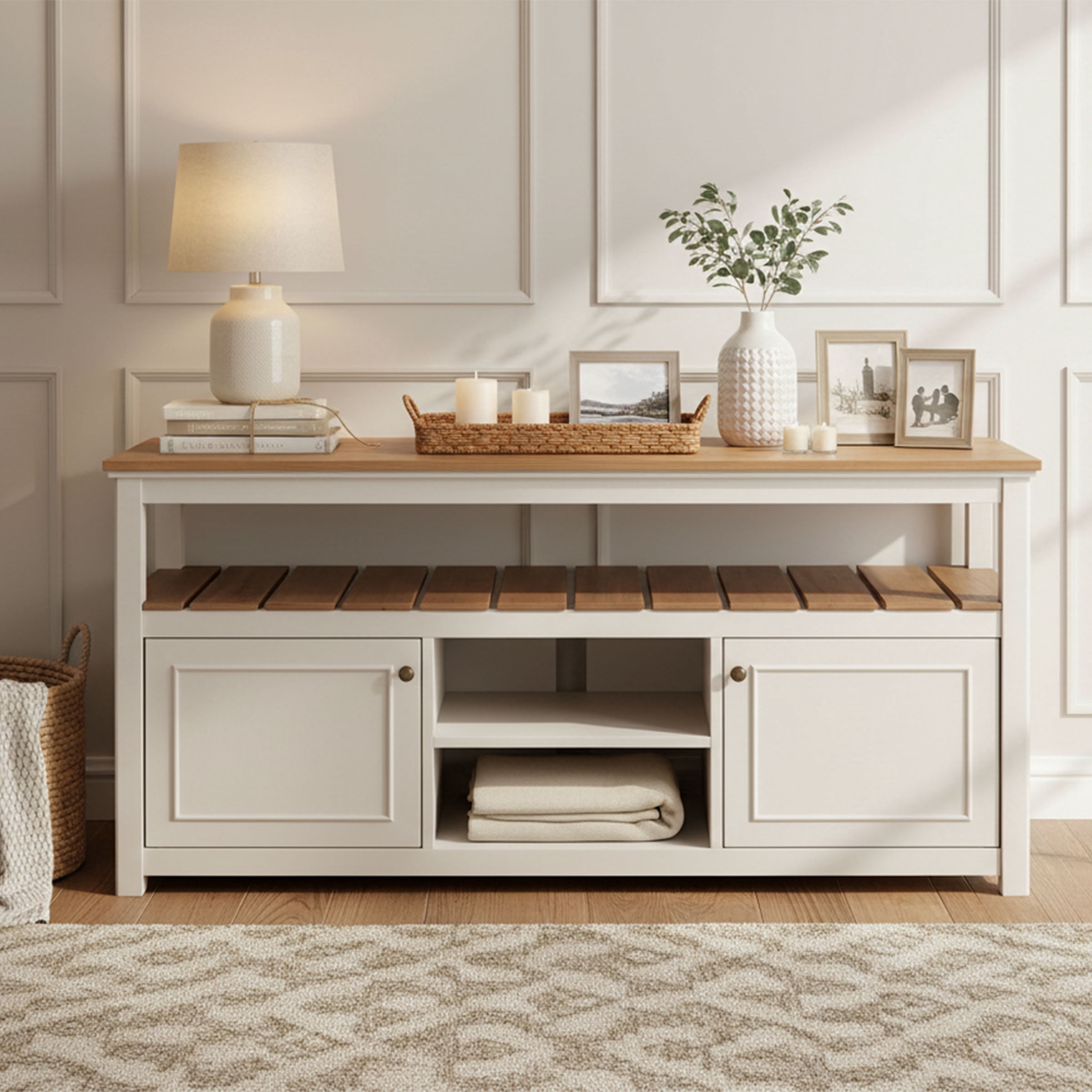 Alaterre Furniture Savannah TV Stand with Storage - Accommodates 60 Inch Flat Screen TVs - Entertainment Center - Coastal and Modern Farmhouse Living Room Furniture (Ivory)