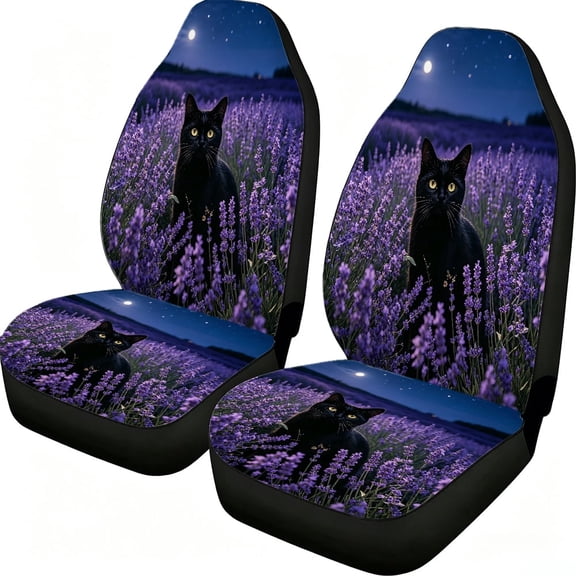Odenmar Black Cat Lavender Moon Car Seat Covers, 2-Piece Front Protectors, Breathable Mesh Fabric, Universal Fit for Trucks Vans Suvs