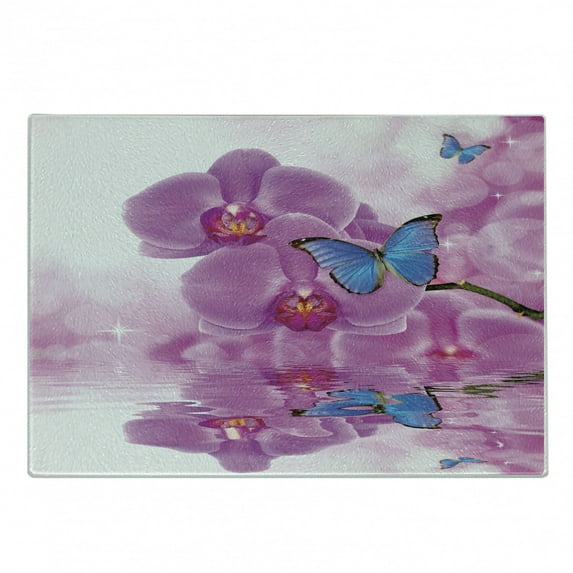 Butterflies Cutting Board, Orchid Reflection on Water Bloom Botany Plant Branch Anima Print, Decorative Tempered Glass Cutting and Serving Board, Small Size, Pink Blue White, by Ambesonne