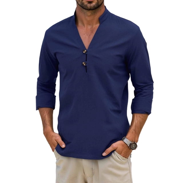 Camisas de los Hombres de Manga Larga Casual Color Sólido Solapa Mezcla de Lino, Suéter de Mitad de Cremallera para el Ocio Diario Al Aire Libre