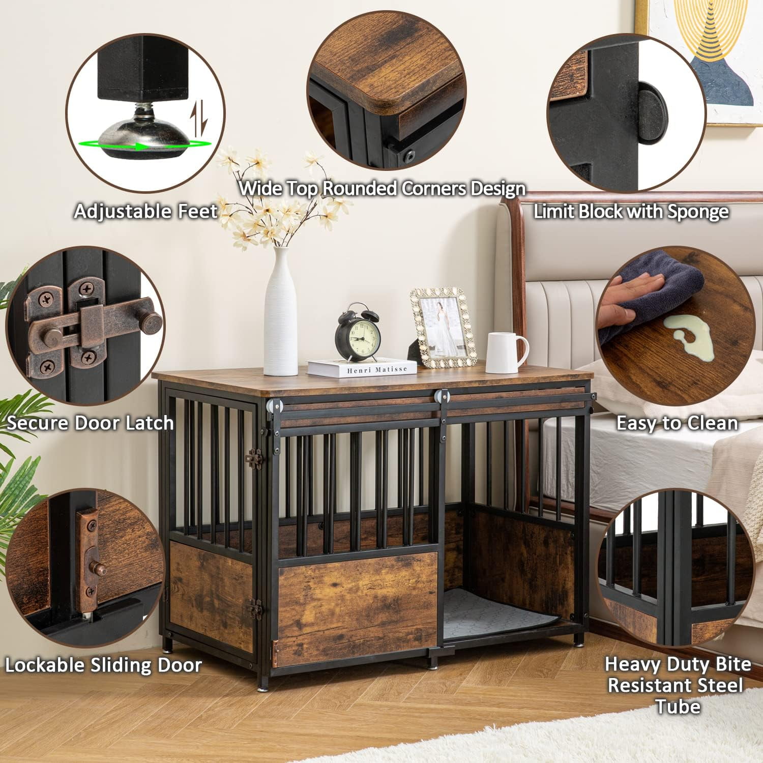 Reliancer 40'' Dog Crate Furniture, Wooden Heavy Duty Dog Kennel, Dogs Cage for Large Medium Dog