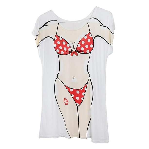 Novedad Mujeres Bikini Estilo Impreso Vestido de Playa Traje de Baño Camiseta - Blanco, Único Macarena Bikini