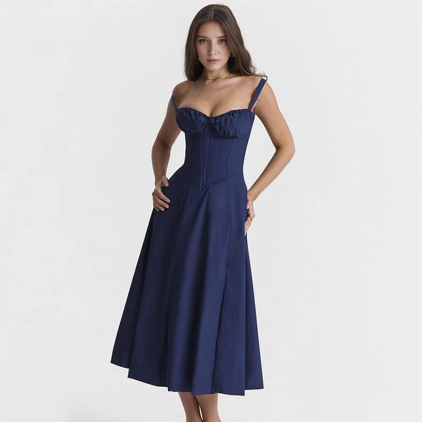 Women'S Summer Midi Corset Boho Dresses Casual Spaghetti Straps Lace Up Dress Flowy Aline Beach Sundress Navy Blue S