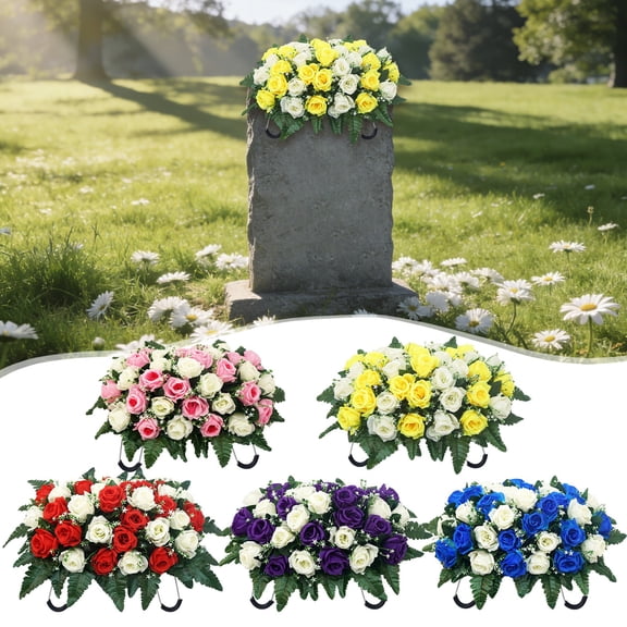 HomelyJoy Artificial Cemetery Flowers for Grave, 36 Rose Memorial Flower Saddle, Weather Resistant Headstone Decoration for Gravesites, White and Blue
