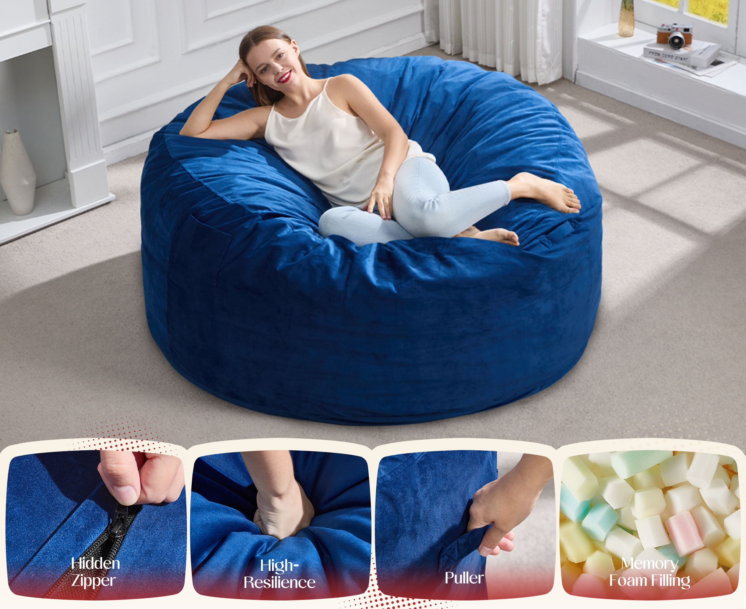 Hobestluk Bean Bag Chair 3 in 1 Beanbag Chairs for Adults, Large Bean Bags with Removable Velvet Cover, Convertible Adult Bean Bag Chair for Living Room, Bedroom, Playroom (Blue, Queen)