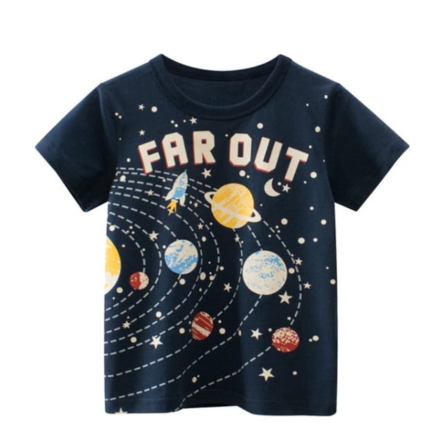 Gibobby Camisas Para Niños Elegantes Camisetas de cuello redondo de manga corta con estampado de galaxia y letras para niños pequeños y bebés, camisetas, ropa para niños(Azul marino, 2-3 Años)