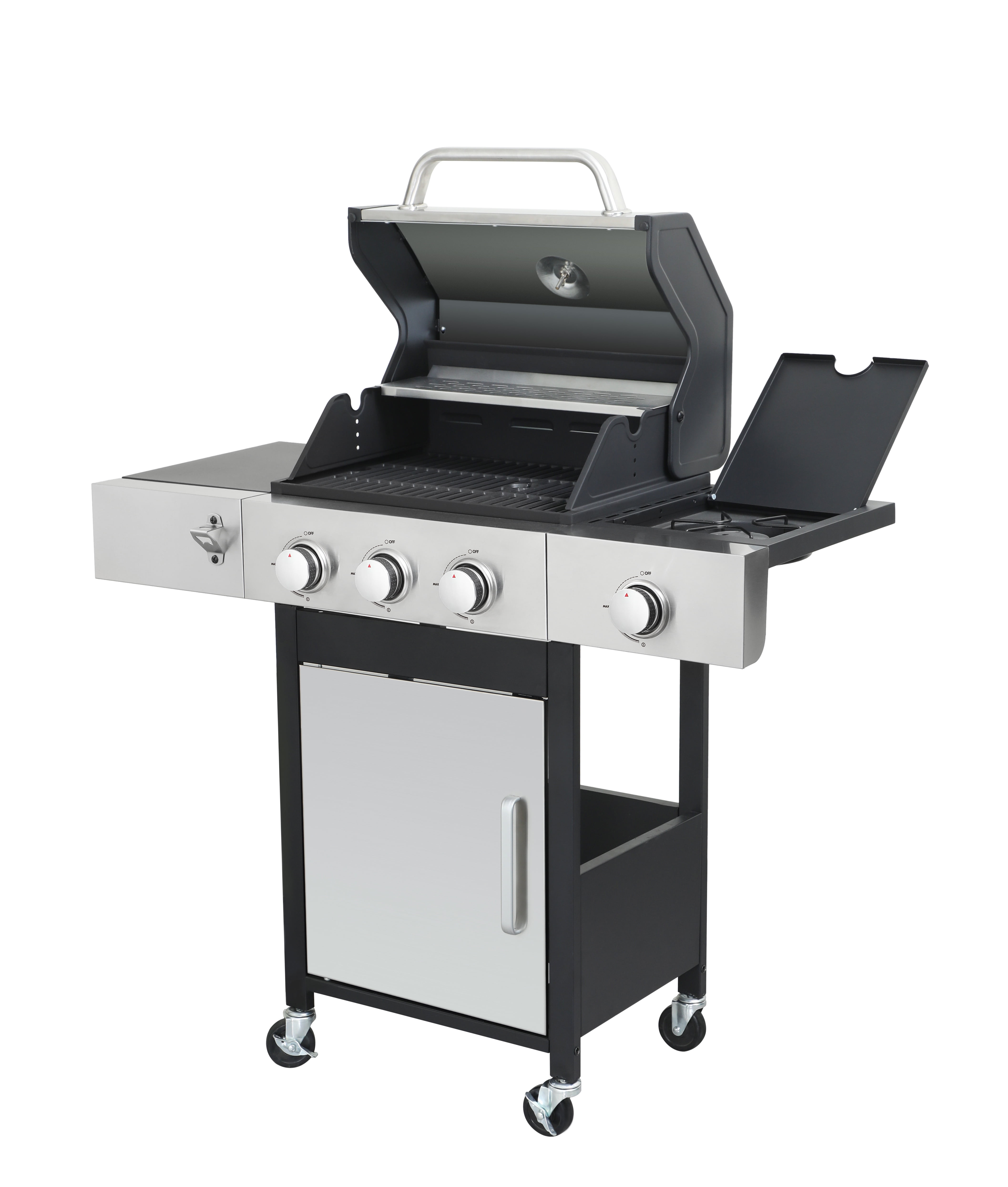 Sumdeal 3-Burner Gas Grill with Side Burner - Stainless Steel BBQ Grill with Wheels, Foldable Side Table, Thermometer, Powerful 37230 BTU, for Backyard, Patio, Outdoor Cooking