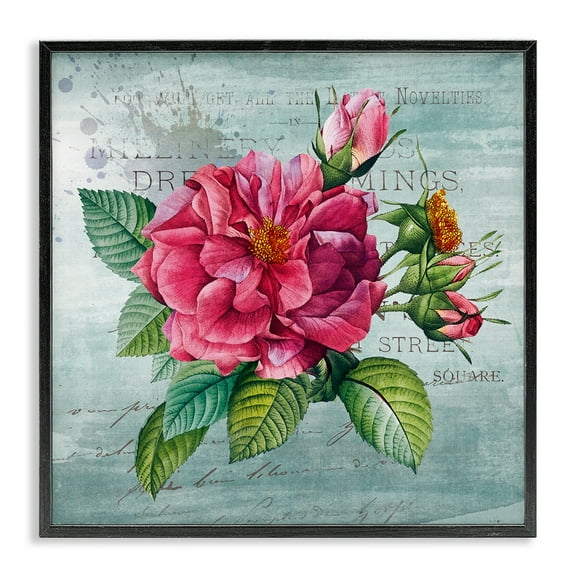 Stupell Industries Pink Garden Flower over Rustic Floral Painting Black Framed Art Print Wall Art, 12 x 12